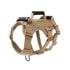 Camouflage tactical dog harness with quick release buckles, reflective details, shock-absorbing traction, and explosion-proof design