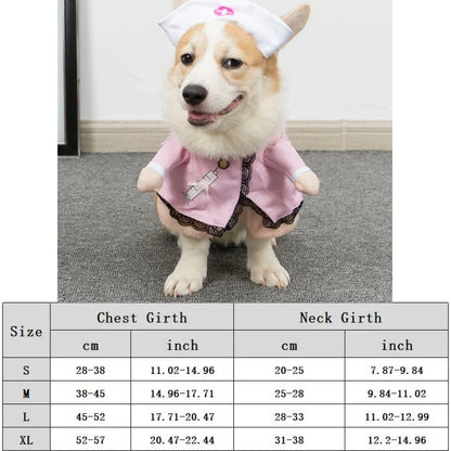 Corgi dog wearing pink nurse costume with hat, sitting on carpet, pet apparel size chart below.