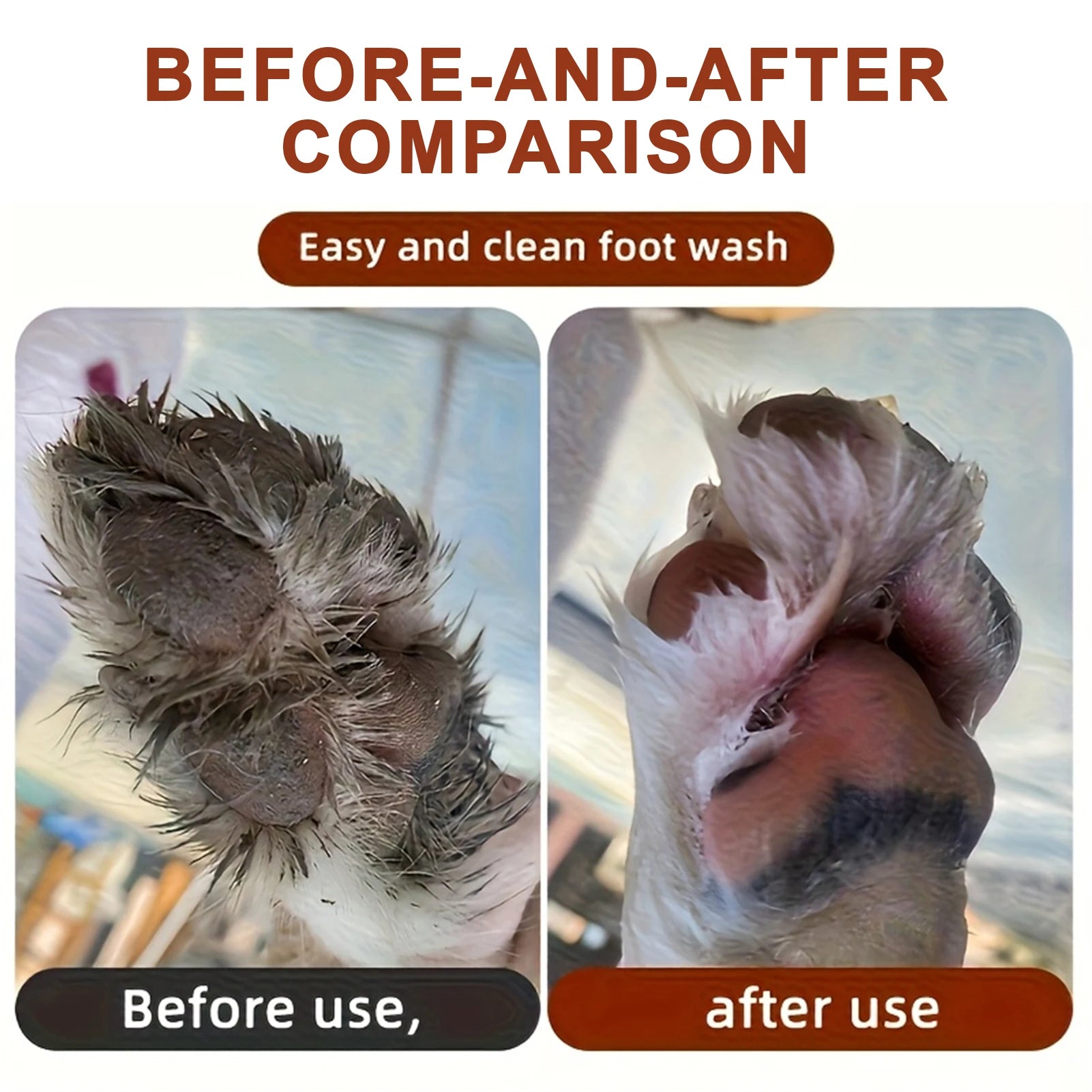 pet paw cleaning cup before-and-after comparison showing muddy dog paw cleaned easily without scrubbing