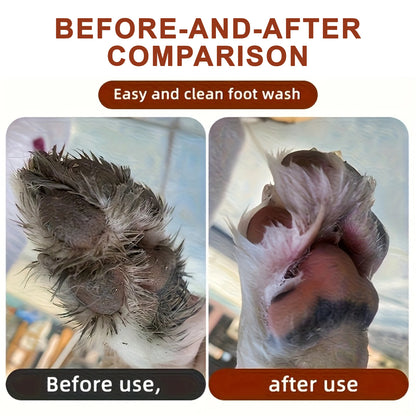 pet paw cleaning cup before-and-after comparison showing muddy dog paw cleaned easily without scrubbing