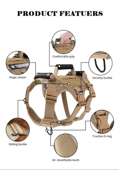 tactical dog harness with breathable mesh, quick release buckle, traction D-ring, reflective features, and comfortable grip