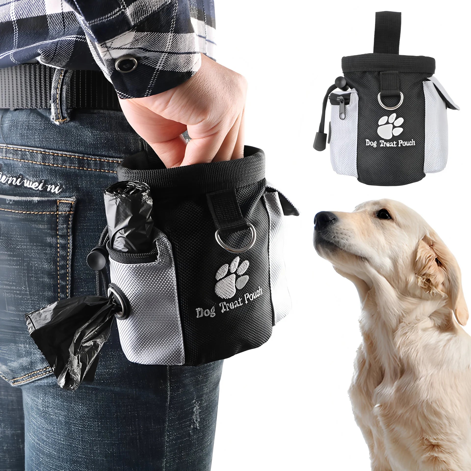 Black dog treat pouch clipped to jeans, with treat compartment and waste bag holder, next to a golden retriever.