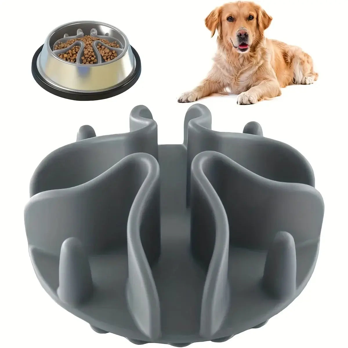 Grey silicone slow feeder dog bowl insert with compact round-edge design for pets, universal dog feeding aid