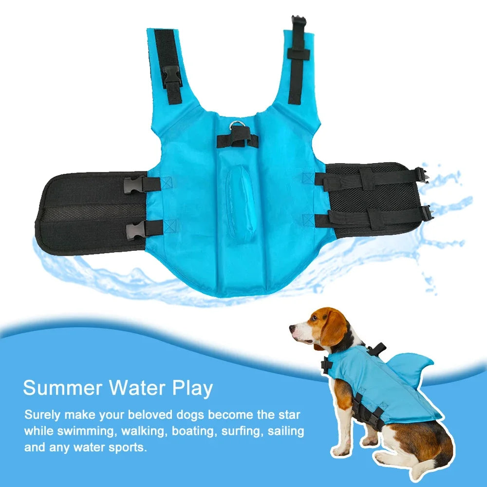 small dog shark fin life jacket for swimming, buoyant safety vest with handle and adjustable straps