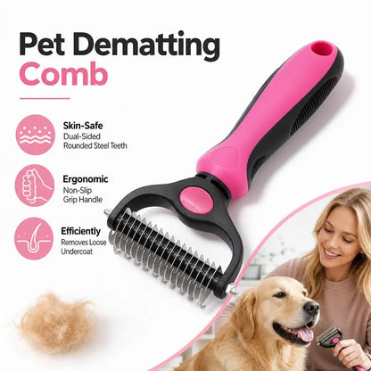 dog deshedding brush pet dematting comb with rounded steel teeth, ergonomic grip, for removing loose undercoat and tangles