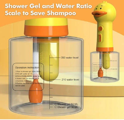 dog shampoo sprayer with shower gel and water ratio scale, duck design foaming soap dispenser for pet bathtub