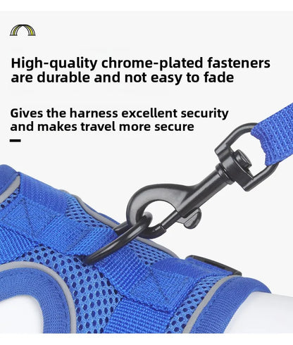 Reflective cat harness and leash set with chrome-plated fastener, breathable mesh, and secure buckle for cats and small dogs