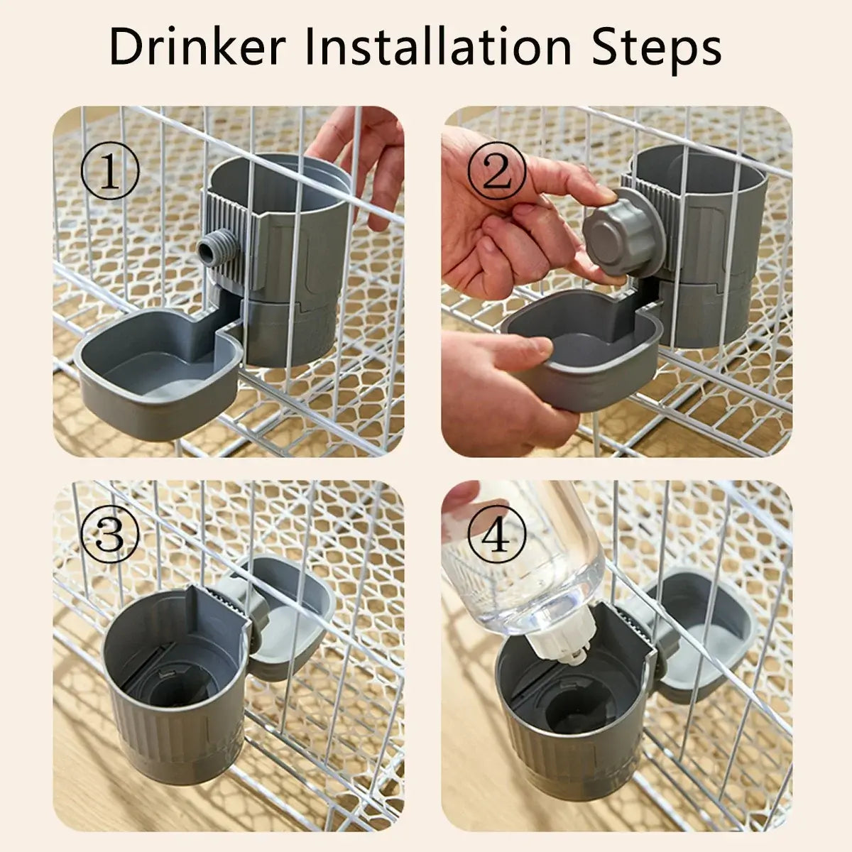 hanging pet feeder and waterer installation steps for cage-mounted automatic dog cat rabbit bowl