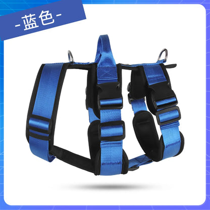 Adjustable blue dog harness with padded straps and metal rings for leash attachment