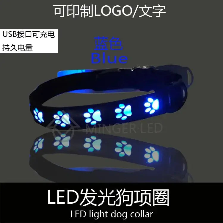 Blue luminous safety dog collar with LED paw prints, USB rechargeable, reflective pet walking collar for night visibility