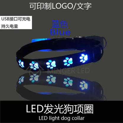 Blue luminous safety dog collar with LED paw prints, USB rechargeable, reflective pet walking collar for night visibility
