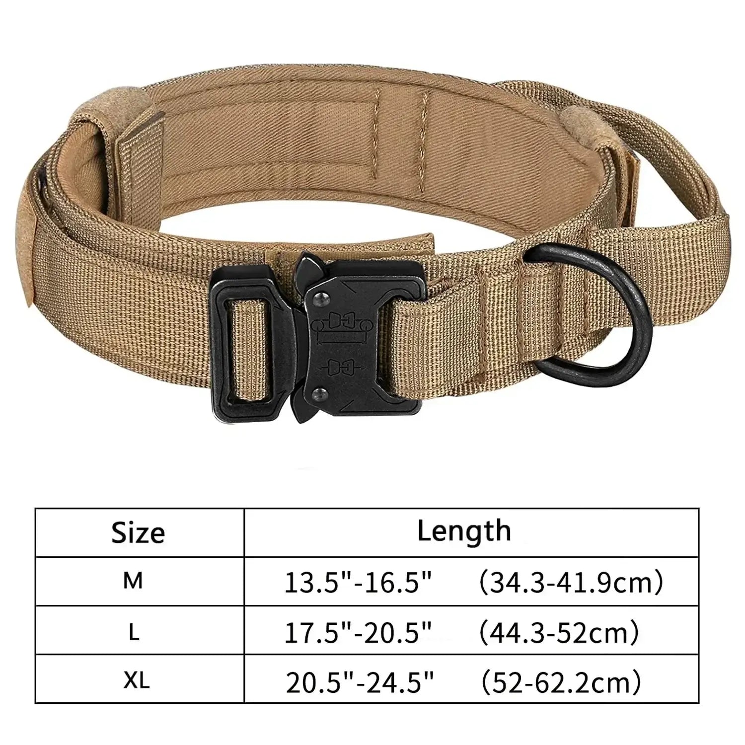 Khaki tactical dog leash collar with quick release buckle, adjustable medium and large dog training collar with size chart