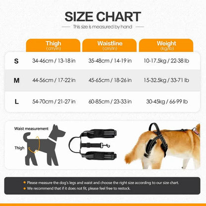 Size chart for Dog Vest Harnesses Adjustable Hip Support Harness Sturdy Handle Vest Harnesses Dog Lift Harness for Elderly or Disabled Dogs.
