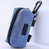 Blue fabric dog waste bag dispenser pouch with zipper and clip for leashes