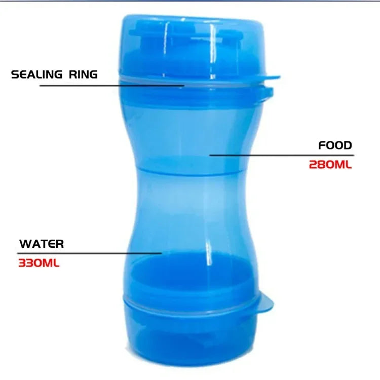 Blue portable dog food and water bottle with labeled compartments and sealing ring.