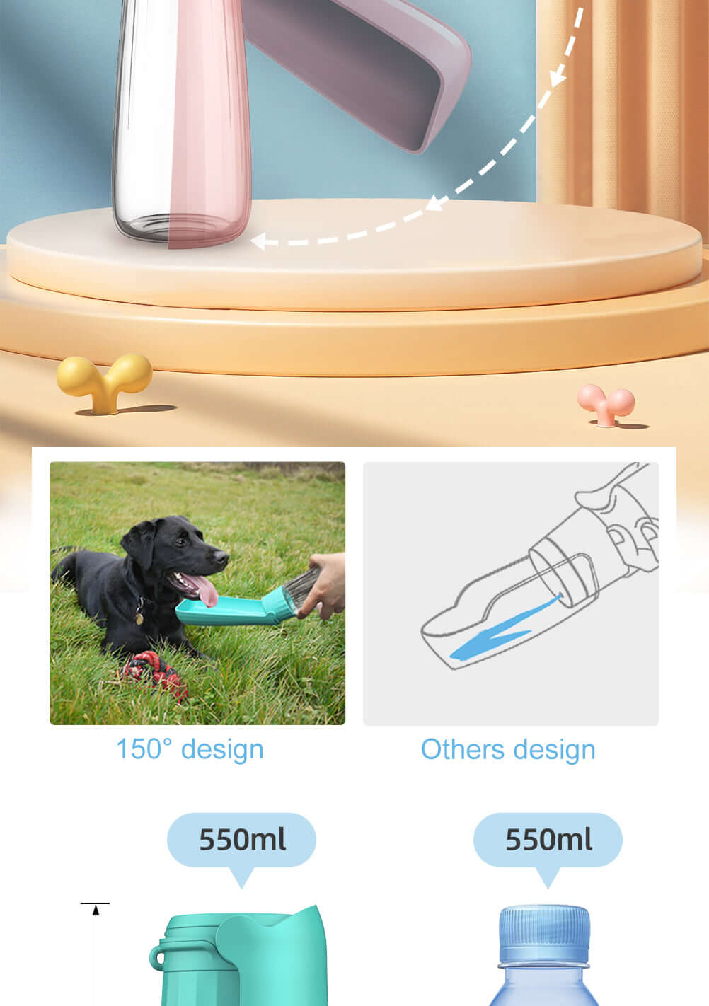 portable dog water bottle dispenser for outdoor hiking, 150° design, 550ml foldable pet drinking bowl