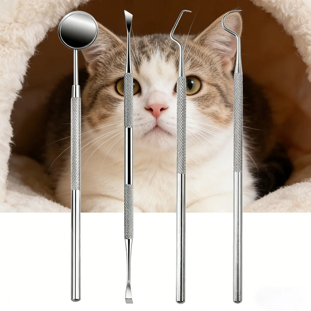 stainless steel pet tartar cleaning kit 4PCS A with reusable pet dental tools for dogs and cats, safe daily oral care