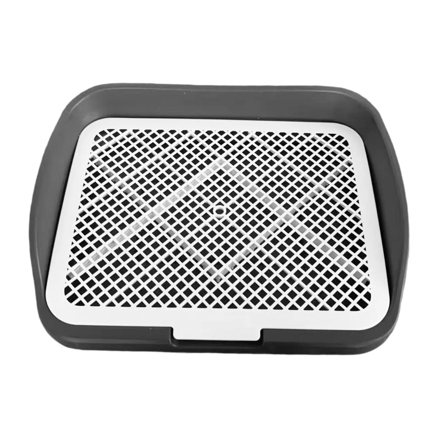 Plastic dog potty training tray with removable grid, dark gray and white design