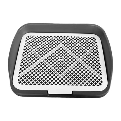 Plastic dog potty training tray with removable grid, dark gray and white design