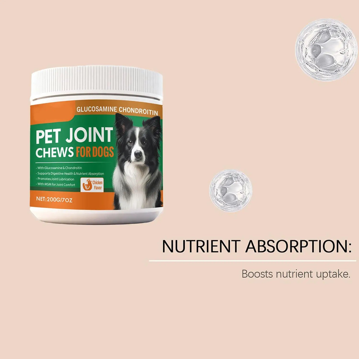 Pet joint chews for dogs container with Border Collie image on label, nutrient absorption text