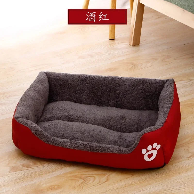 large dog bed house for pets, red and gray plush square nest with cozy padded sides for dogs and cats