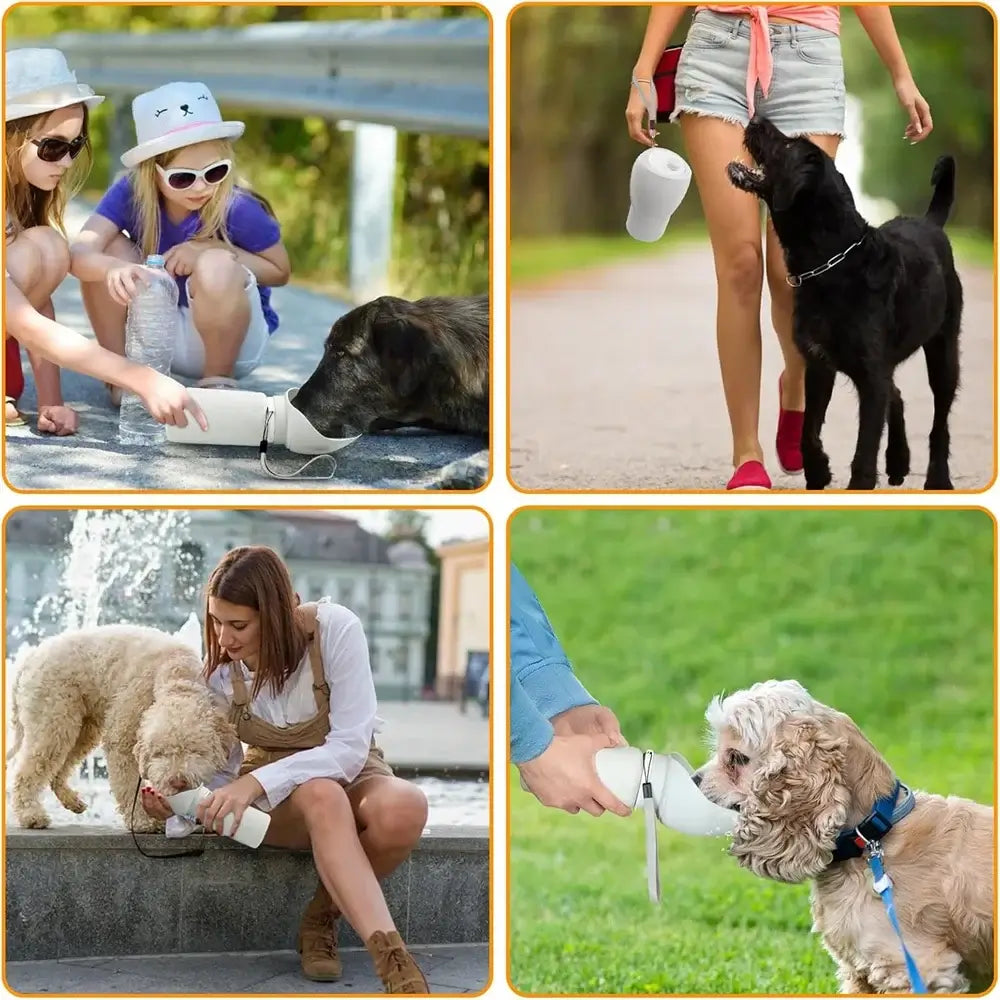 Portable dog water bottle for outdoor walks and travel, leak proof, foldable silicone design for easy pet hydration.