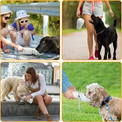 Portable dog water bottle for outdoor walks and travel, leak proof, foldable silicone design for easy pet hydration.