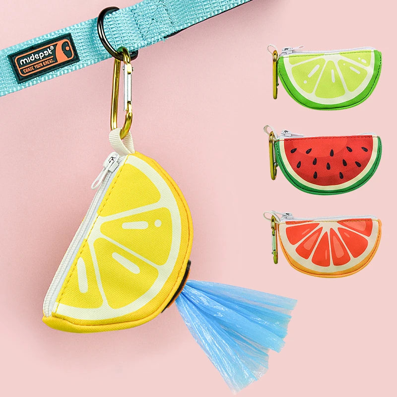 Cute citrus dog poop bag holder dispenser in lemon, lime, and watermelon designs for dog leash attachment