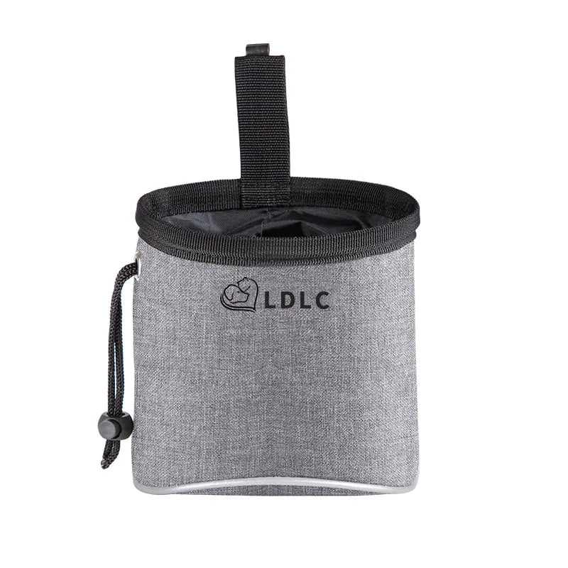Dog Treat Training Pouch Easily Carries Pet Toys, Kibble, Treats Built In Poop Bag Dispenser Outdoor Dog Trainings Bag in grey.