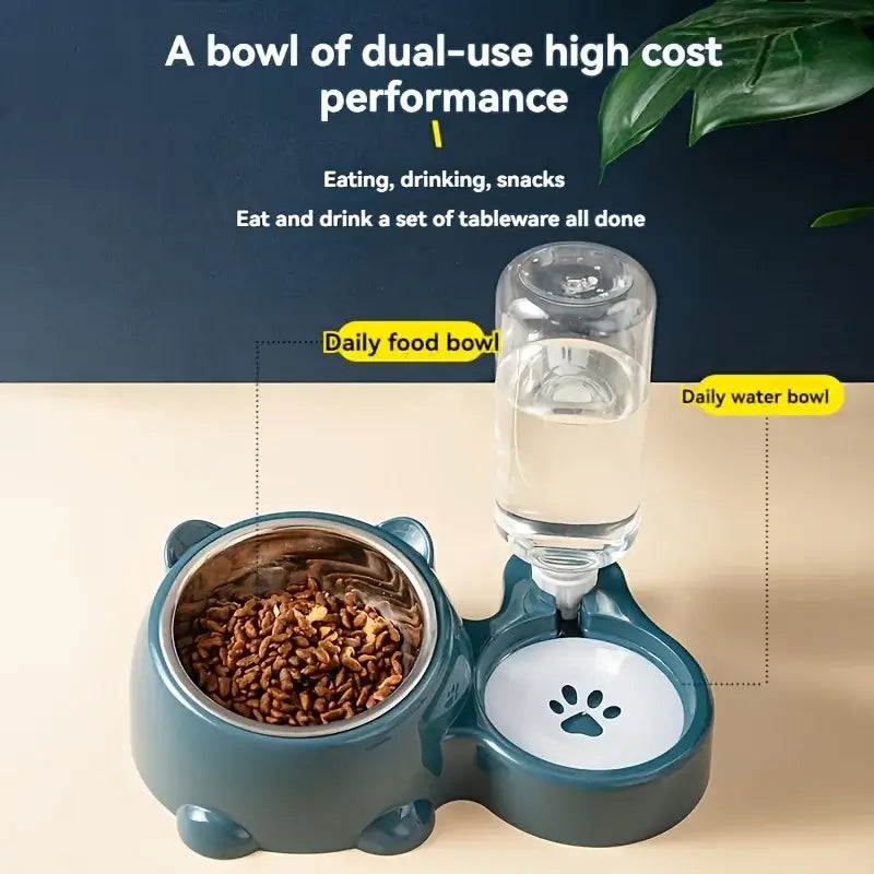 automatic pet feeder and water dispenser for cats and dogs, dual-use bowl with slanted mouth and no battery needed
