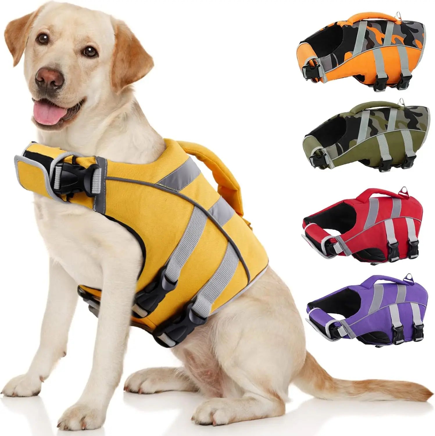 Yellow reflective dog life jacket for dogs, buoyancy safety vest for swimming, adjustable summer pet life vest