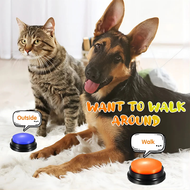 Dog and cat sitting on rug with talking buttons for pets labeled &