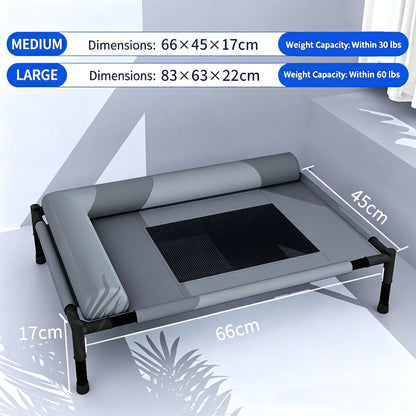 elevated cooling dog cot bed with breathable mesh, pillow, and washable design for indoor, outdoor, camping, and patio use