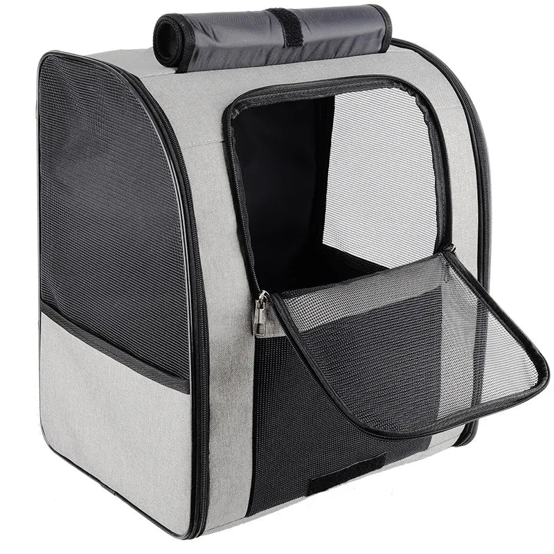 Gray breathable cat carrier backpack, foldable pet travel bag for small cats and dogs, mesh window, zipper closure