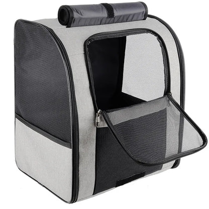 Gray breathable cat carrier backpack, foldable pet travel bag for small cats and dogs, mesh window, zipper closure