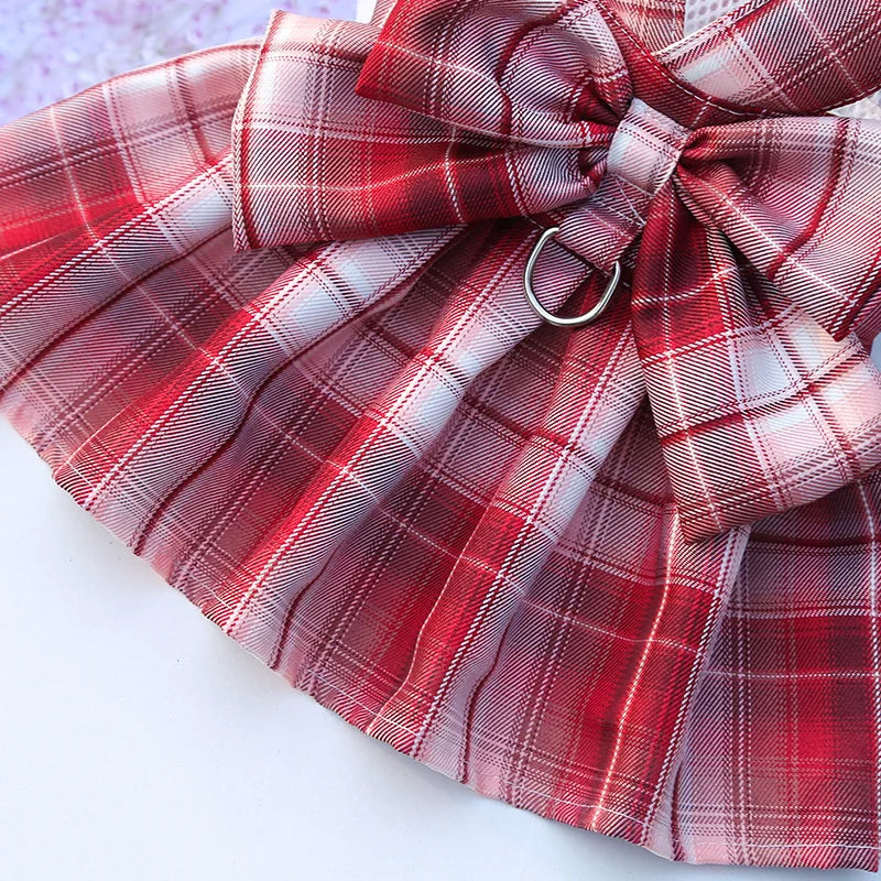 plaid pet dress with leash red plaid dog and cat dress with bow for small pets, fashion pet clothing