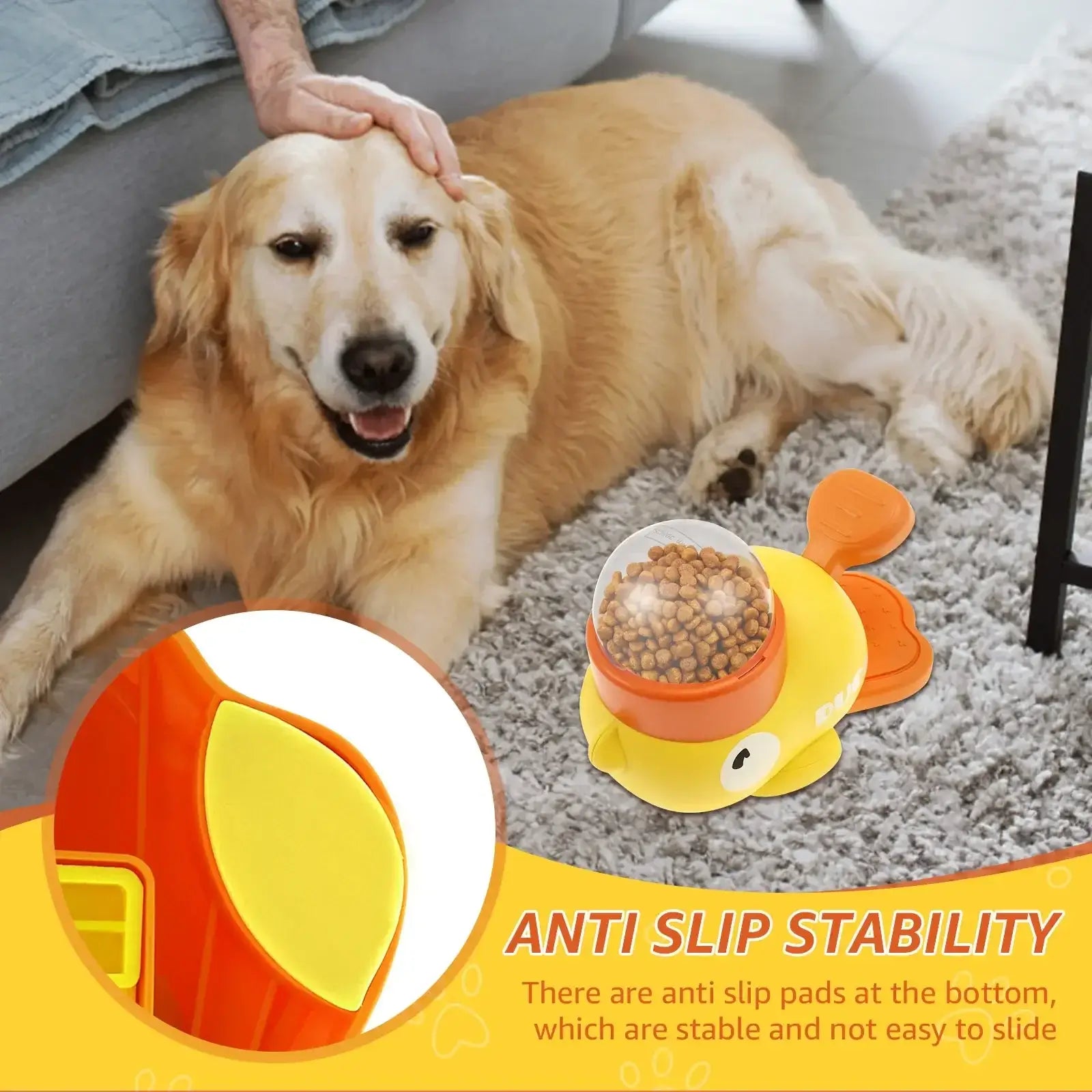 Golden retriever next to interactive slow feeder dog toy with anti-slip stability and food dispenser design