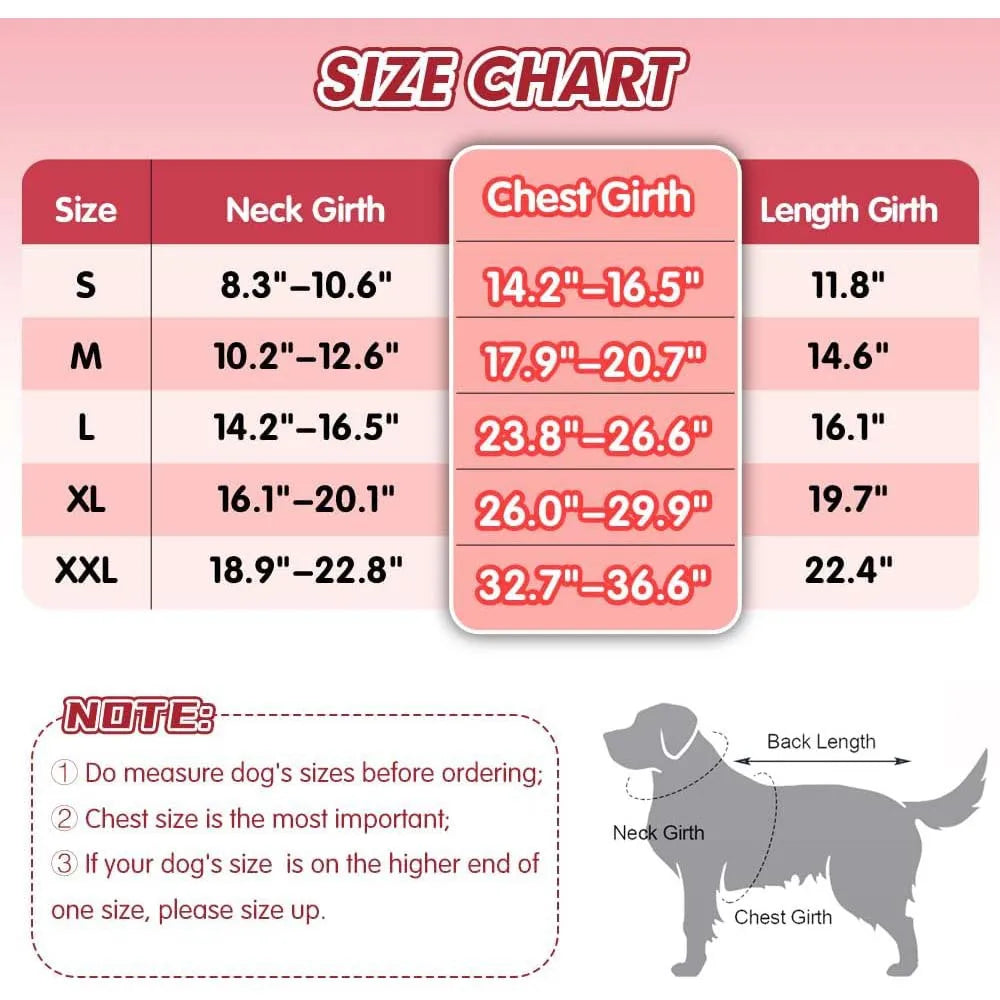 pet tuxedo outfit size chart for dogs showing neck, chest, and length measurements for S to XXL