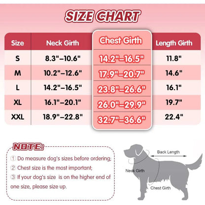 pet tuxedo outfit size chart for dogs showing neck, chest, and length measurements for S to XXL