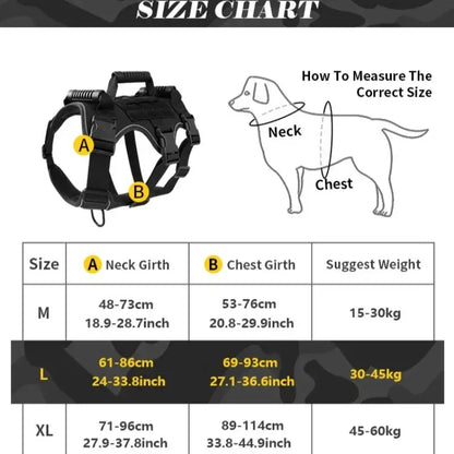 tactical dog harness size chart showing neck and chest measurements for a black adjustable dog harness