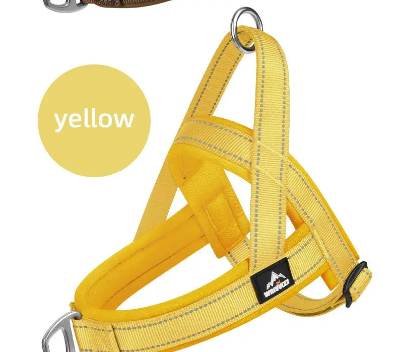 Yellow escape-proof tactical dog harness with padded reflective nylon, adjustable buckle, and no-pull training vest for large dogs