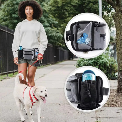 Dog Training Walking Bag Hand Free Treat Pouch Running Waist Bag Pet Puppy Train Snack Feeder Pocket Dog Bowls Water Cup Bags on a walk.