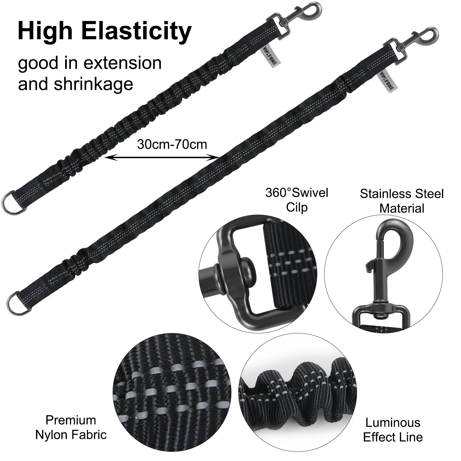 long dog training leash with high elasticity, 360° swivel clip, stainless steel clip, premium nylon fabric