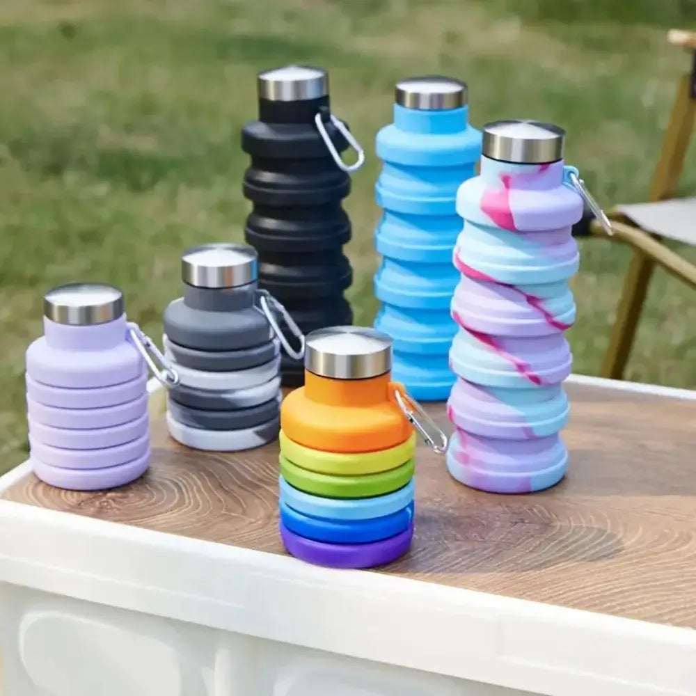 Collapsible water bottle with carabiner, portable leak-proof foldable travel bottle for gym, camping, and hiking