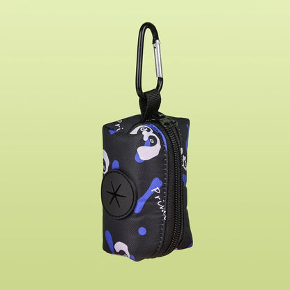 Black L dog poop bag dispenser with leather strap attachment, portable durable poop bag holder, no leash or bags included