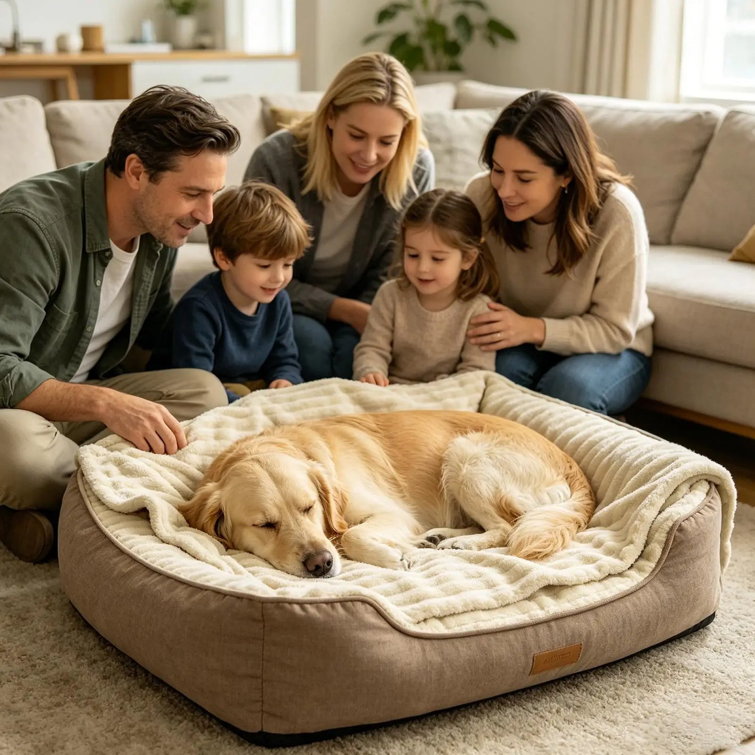 Family enjoying a washable pet blanket on a cozy dog bed with a sleeping golden retriever for indoor furniture protection