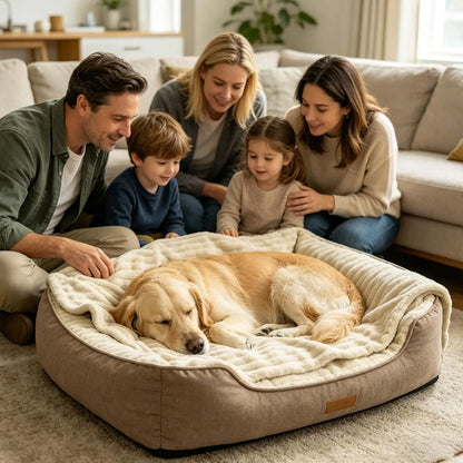 Family enjoying a washable pet blanket on a cozy dog bed with a sleeping golden retriever for indoor furniture protection