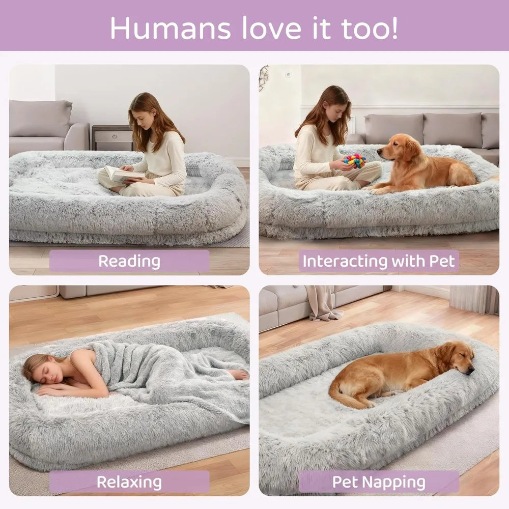 human dog bed for adults for reading, relaxing, pet napping, and interacting with pets in a cozy orthopedic design