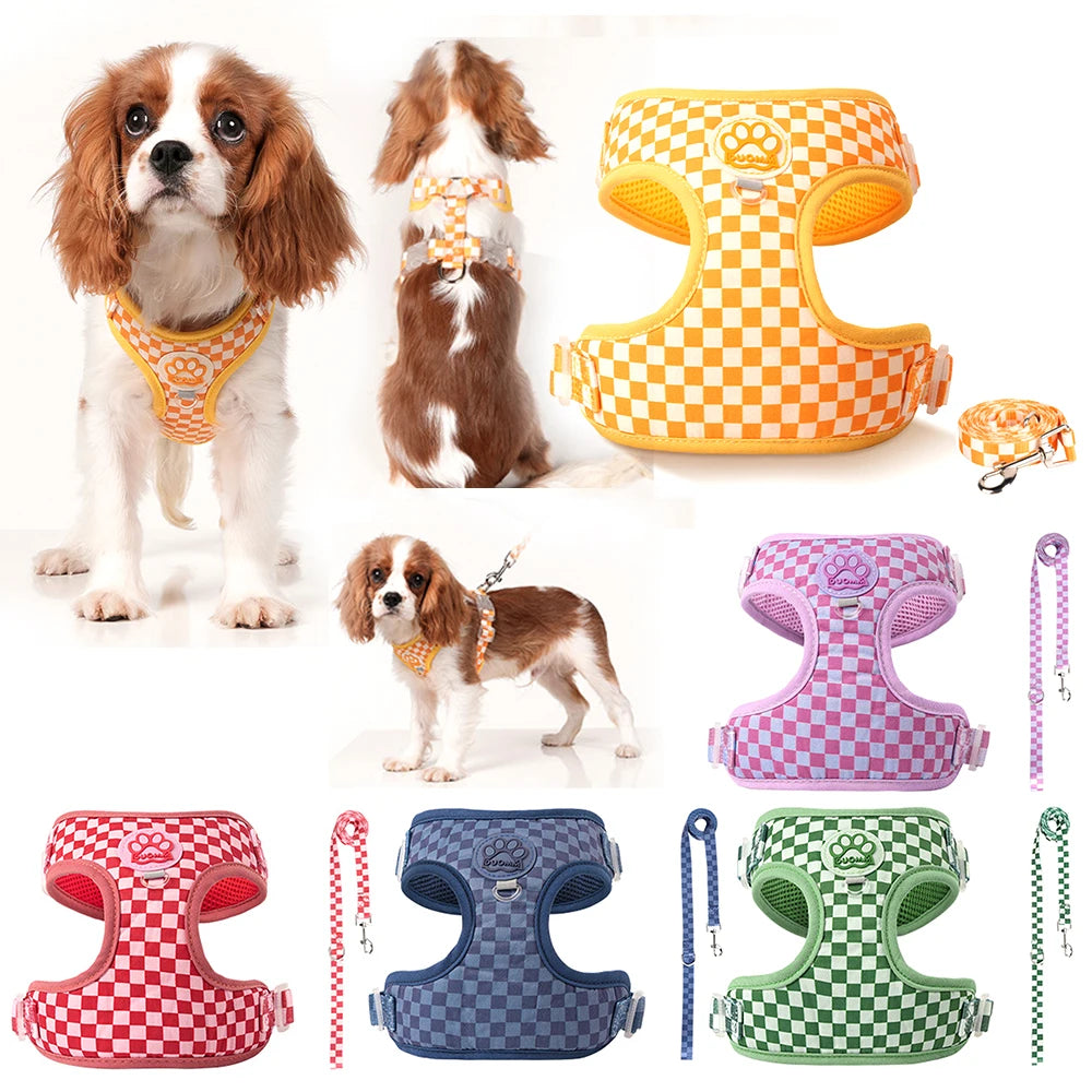 plaid dog harness and leash set for small dogs and cats, adjustable soft padded vest walking gear