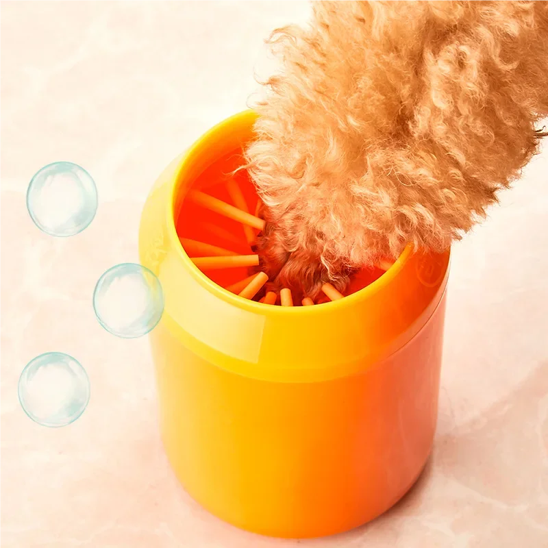 pet paw cleaner brush in orange silicone foot washer for dogs, portable cleaning bucket for muddy paws